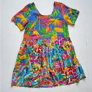 Vtg 90s JAMS WORLD Colorful Tropical Hawaiian Midi Babydoll Dress / Sz XL